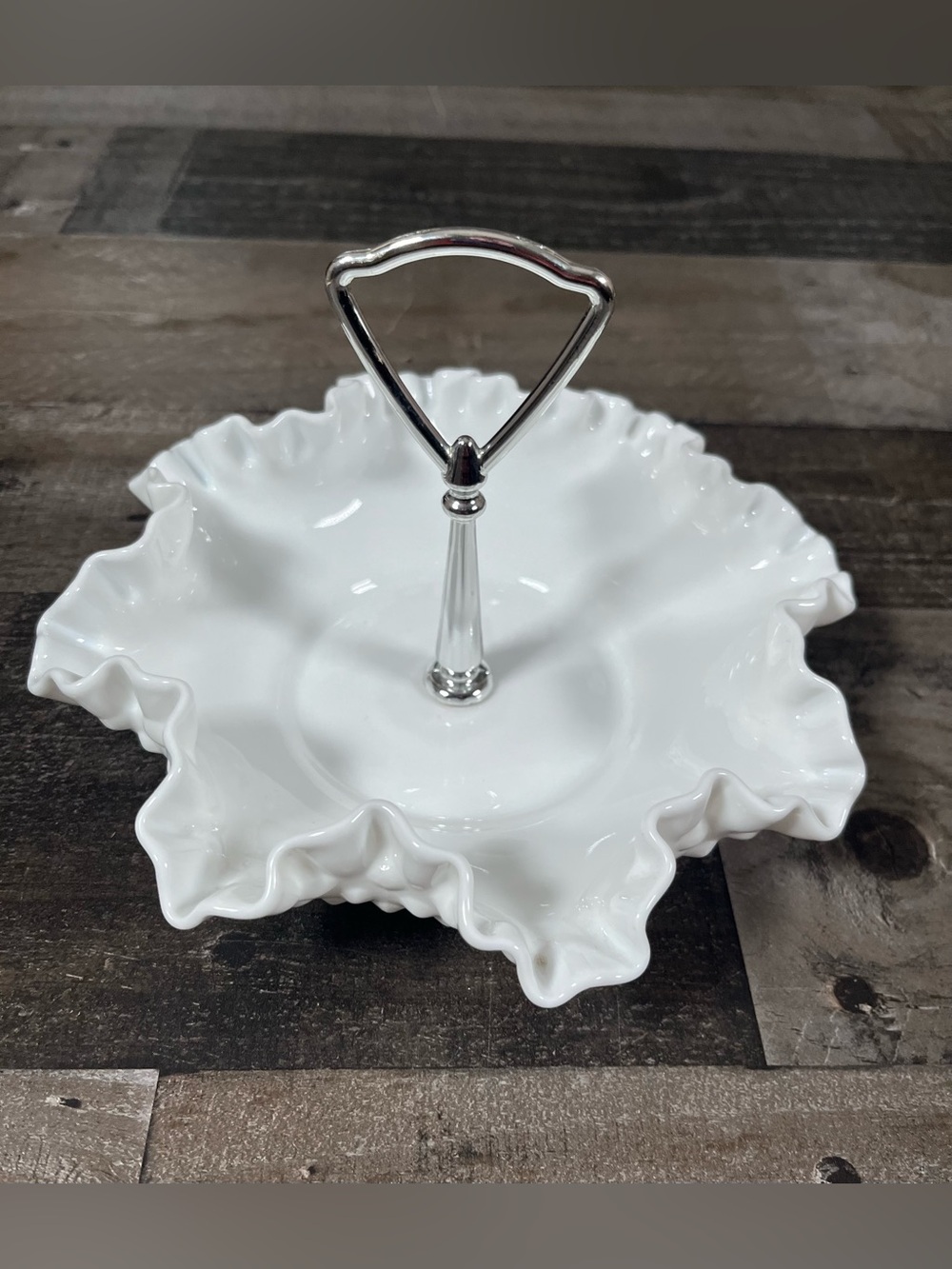 Fenton Hobnail Fluted Ruffle Edge Milk Glass Candy Nut Dish with Chrome Handle